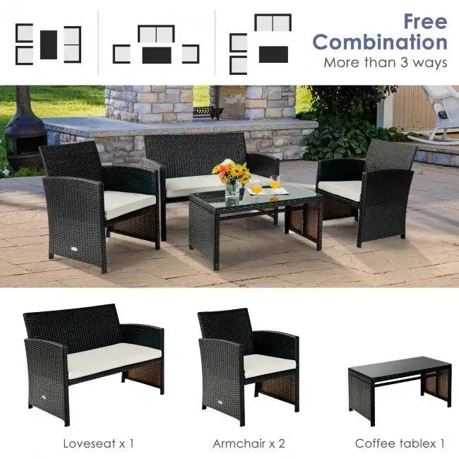 4Pcs Patio Rattan Cushioned Furniture Set - 43.5 x 25 x 31 (L x W x H)