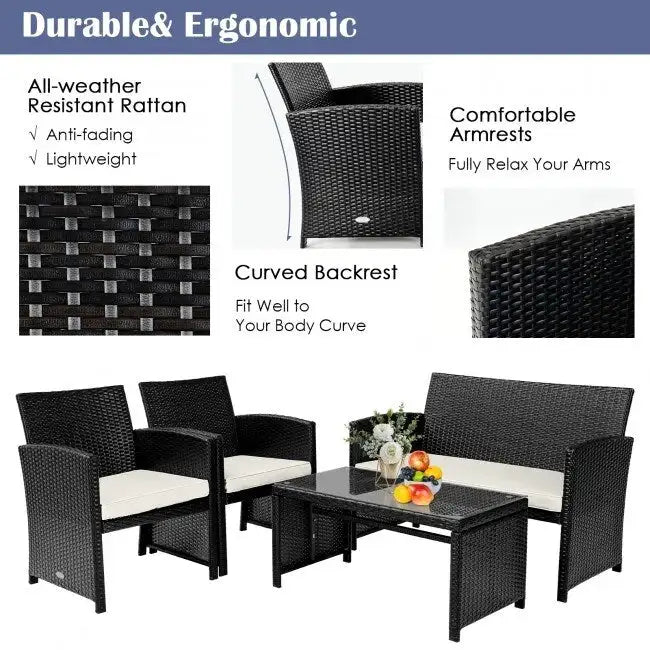 4Pcs Patio Rattan Cushioned Furniture Set - 43.5 x 25 x 31 (L x W x H)