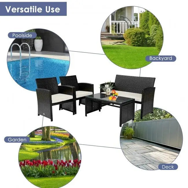 4Pcs Patio Rattan Cushioned Furniture Set - 43.5 x 25 x 31 (L x W x H)