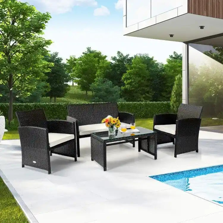 4Pcs Patio Rattan Cushioned Furniture Set - 43.5 x 25 x 31 (L x W x H)