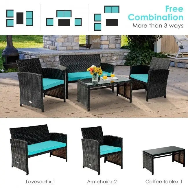 4Pcs Patio Rattan Cushioned Furniture Set - 43.5 x 25 x 31 (L x W x H)