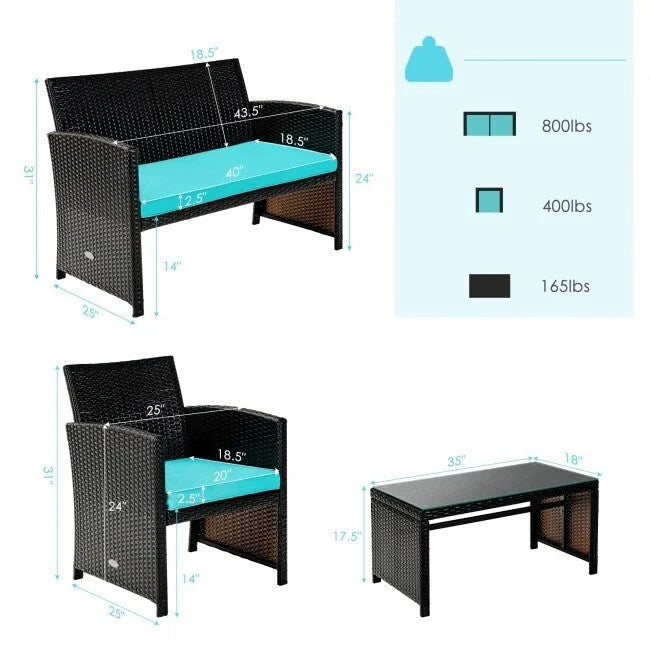 4Pcs Patio Rattan Cushioned Furniture Set - 43.5 x 25 x 31 (L x W x H)