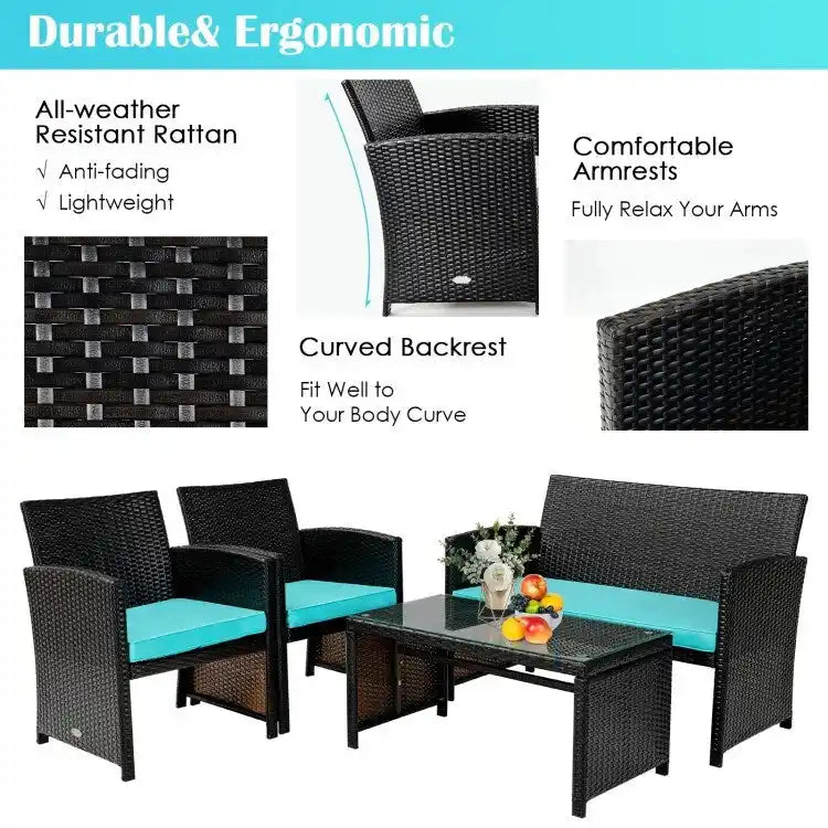 4Pcs Patio Rattan Cushioned Furniture Set - 43.5 x 25 x 31 (L x W x H)