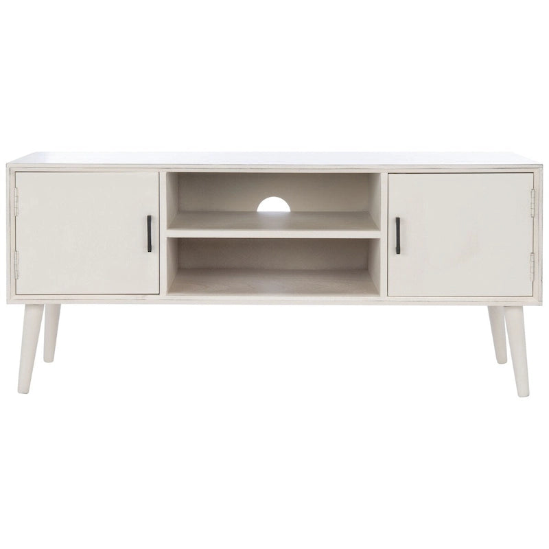 47 in. Mid-Century TV Stand with Open Shelf and 2 Doors – Distressed White / Black / Distressed Grey / Brown
