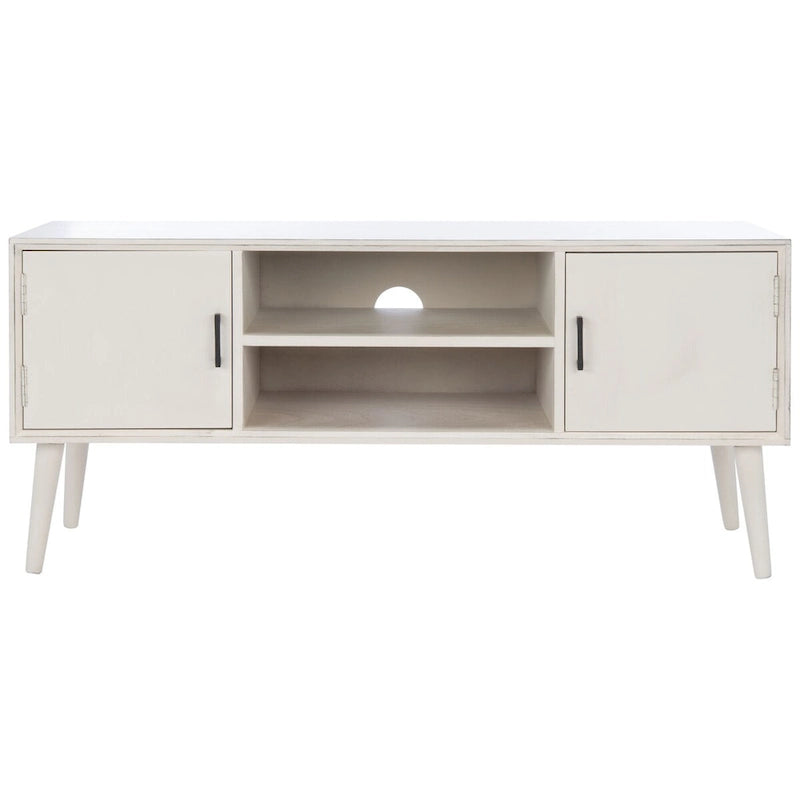 47 in. Mid-Century TV Stand with Open Shelf and 2 Doors – Distressed White / Black / Distressed Grey / Brown