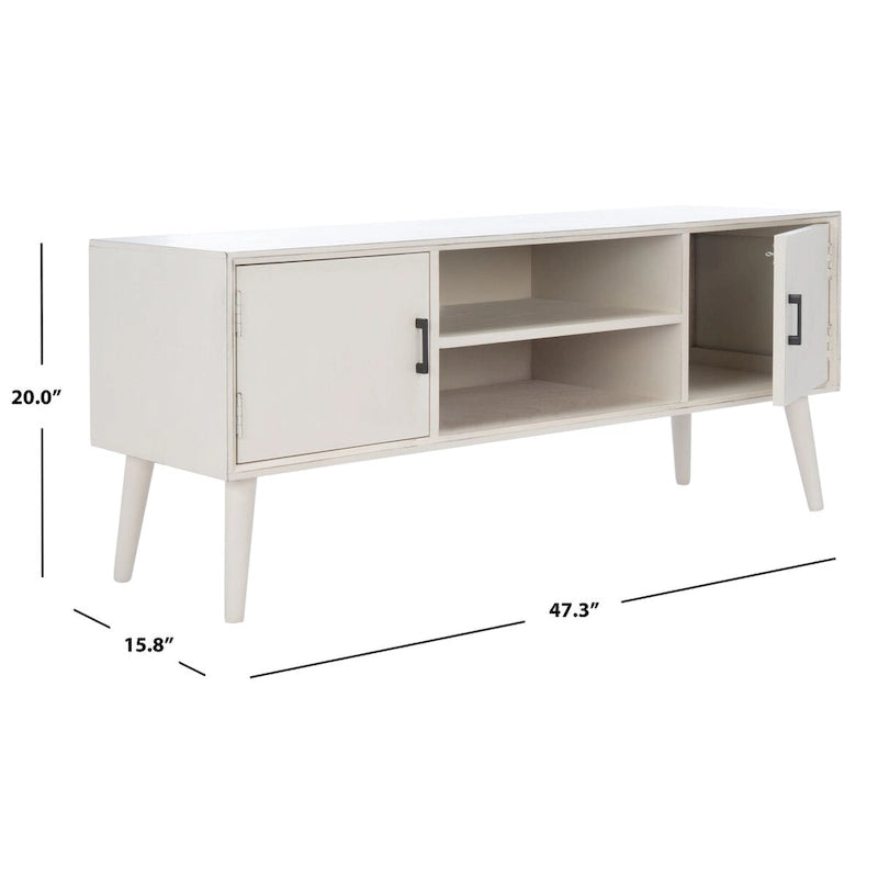 47 in. Mid-Century TV Stand with Open Shelf and 2 Doors – Distressed White / Black / Distressed Grey / Brown