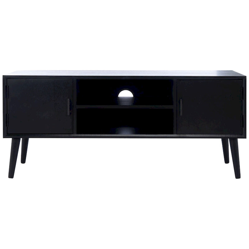 47 in. Mid-Century TV Stand with Open Shelf and 2 Doors – Distressed White / Black / Distressed Grey / Brown