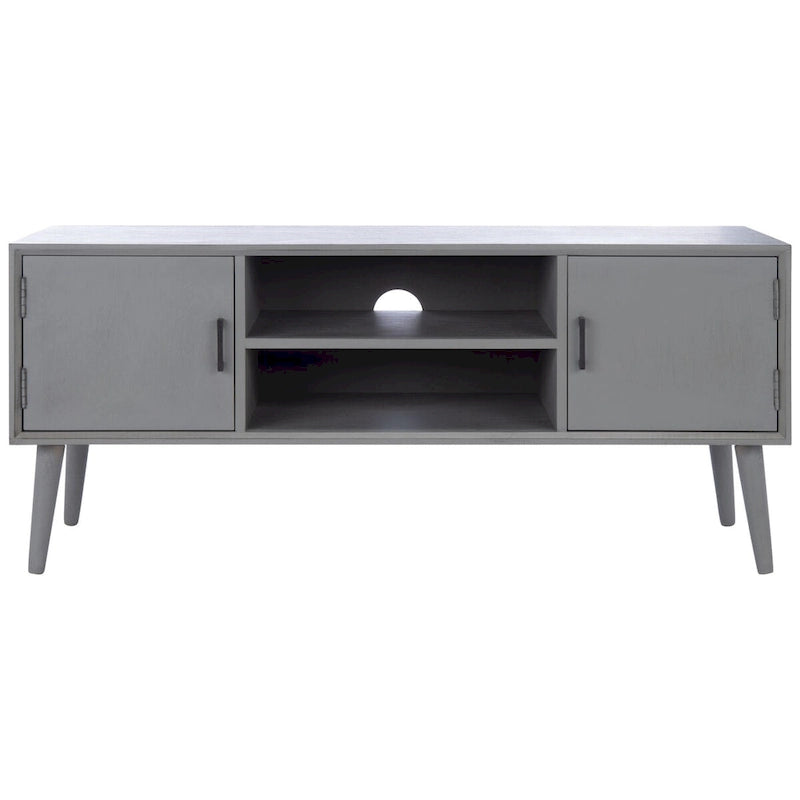 47 in. Mid-Century TV Stand with Open Shelf and 2 Doors – Distressed White / Black / Distressed Grey / Brown