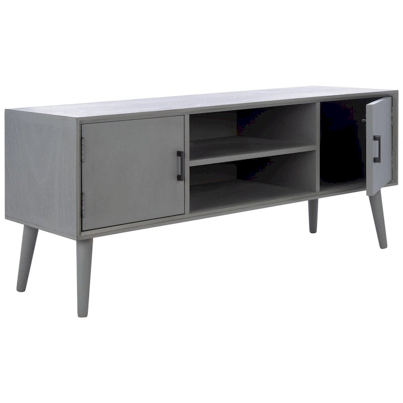 47 in. Mid-Century TV Stand with Open Shelf and 2 Doors – Distressed White / Black / Distressed Grey / Brown