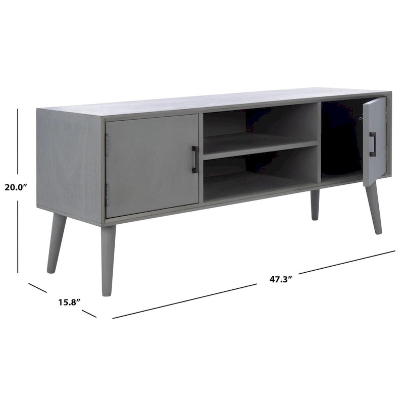 47 in. Mid-Century TV Stand with Open Shelf and 2 Doors – Distressed White / Black / Distressed Grey / Brown