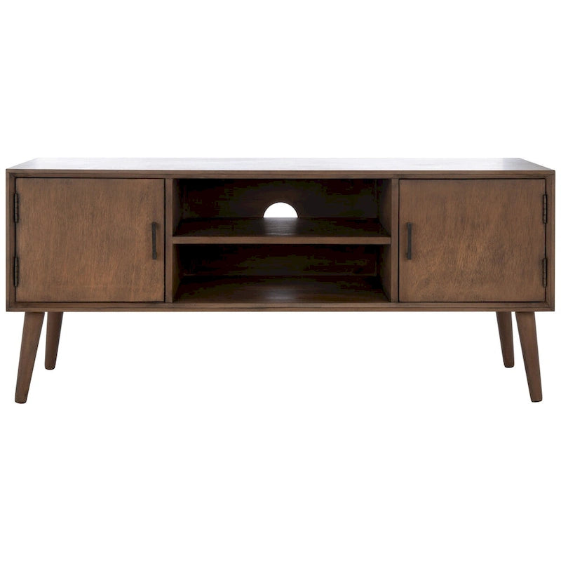47 in. Mid-Century TV Stand with Open Shelf and 2 Doors – Distressed White / Black / Distressed Grey / Brown