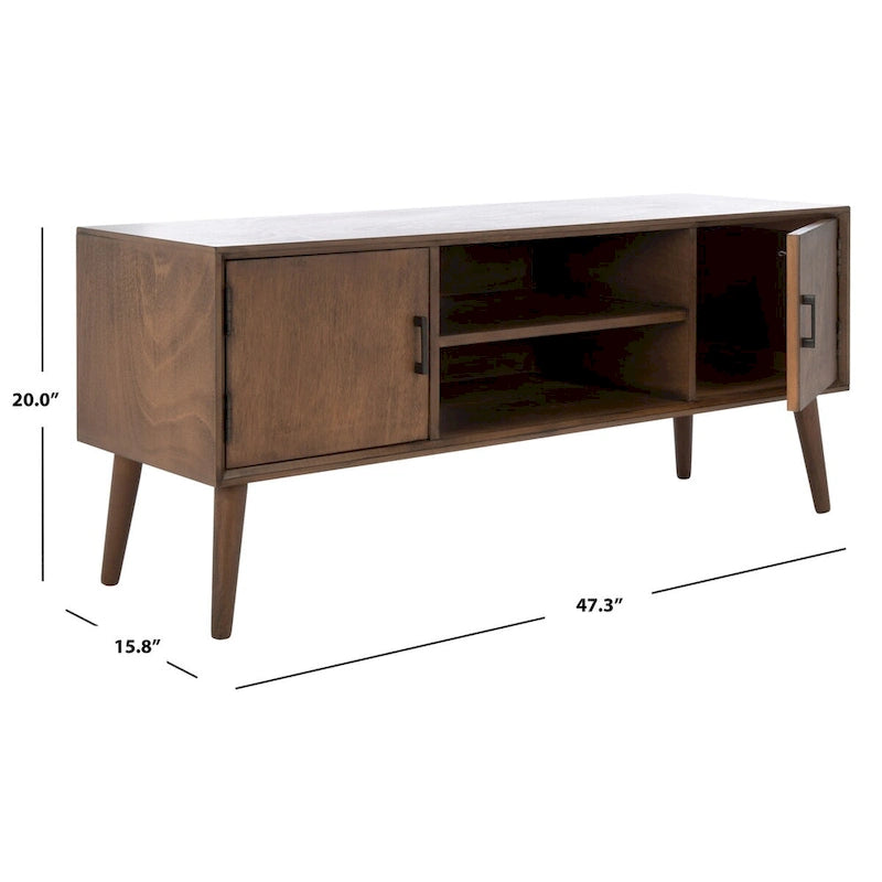 47 in. Mid-Century TV Stand with Open Shelf and 2 Doors – Distressed White / Black / Distressed Grey / Brown