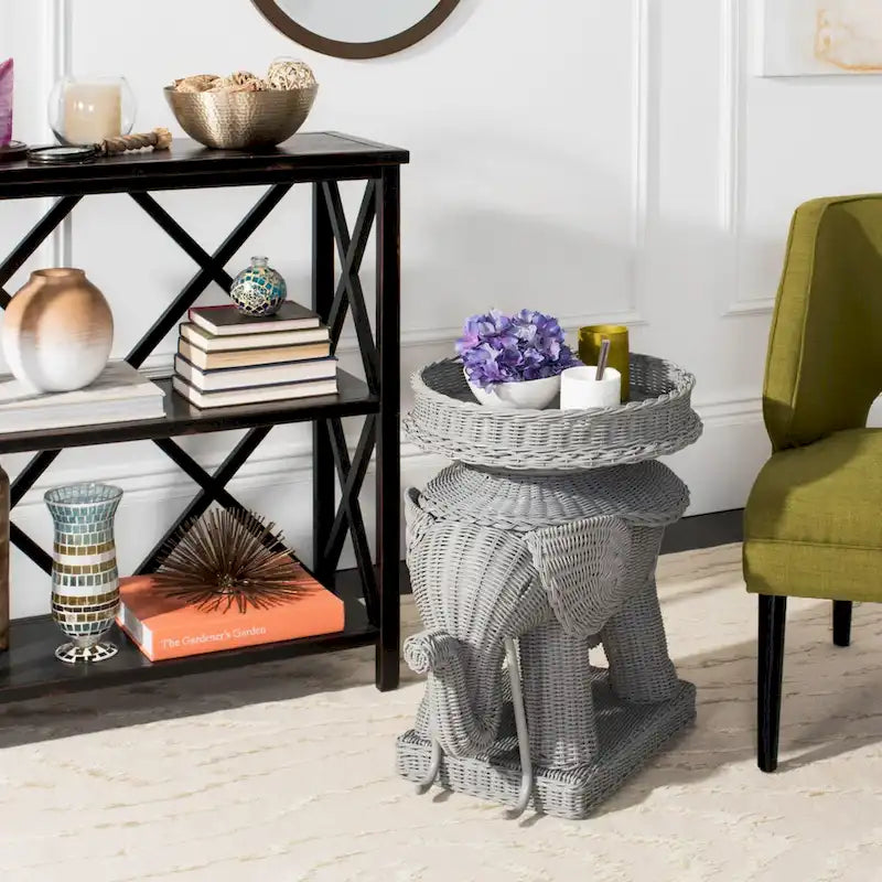 Rattan Elephant Side Table with Built-In Tray – Natural / Grey, Eclectic Style