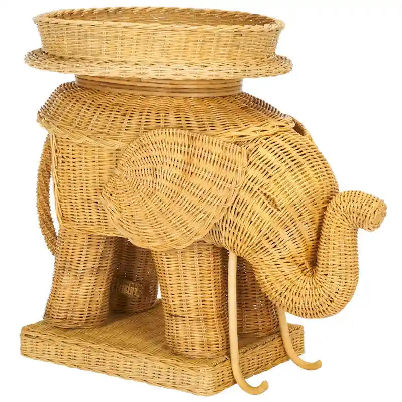 Rattan Elephant Side Table with Built-In Tray – Natural / Grey, Eclectic Style