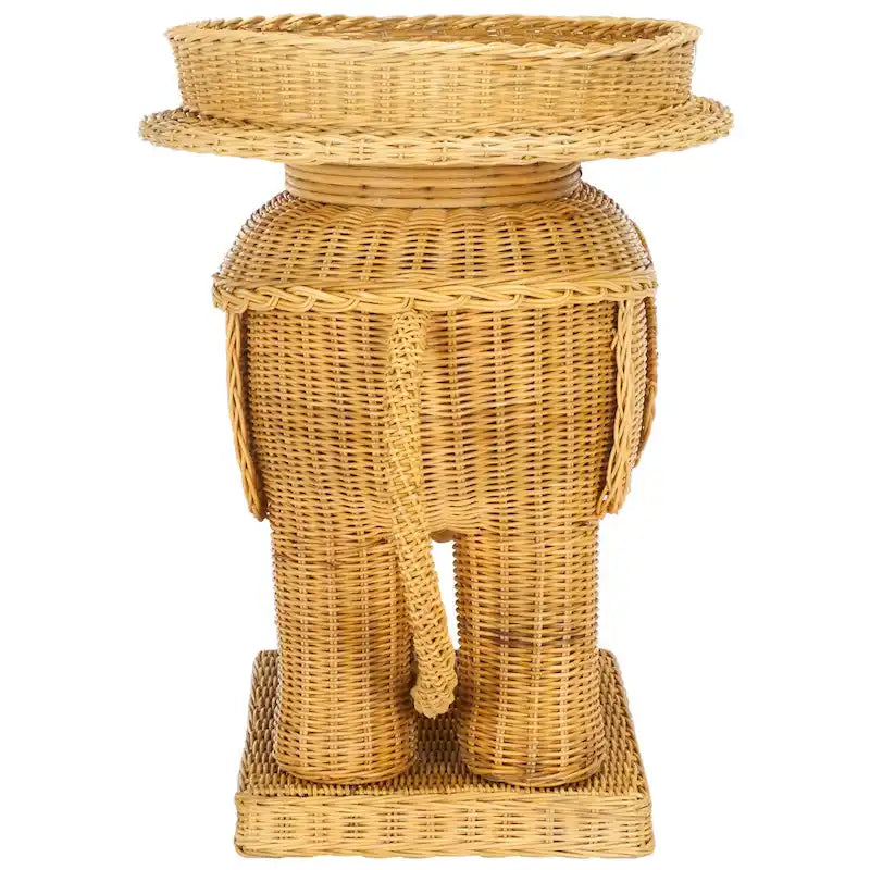 Rattan Elephant Side Table with Built-In Tray – Natural / Grey, Eclectic Style