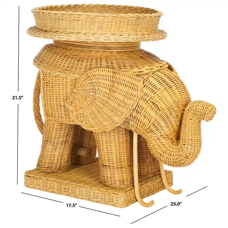 Rattan Elephant Side Table with Built-In Tray – Natural / Grey, Eclectic Style
