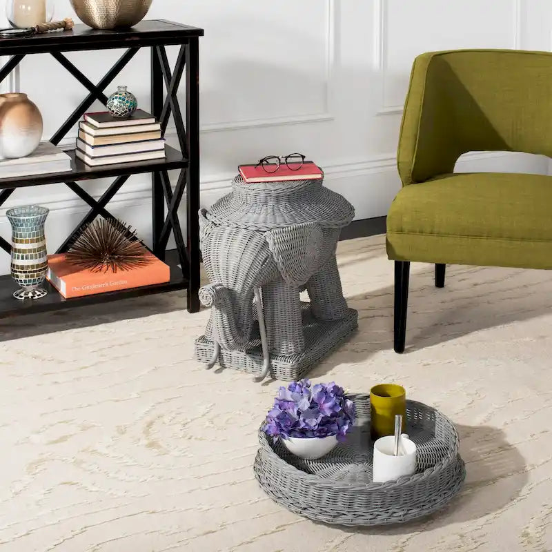 Rattan Elephant Side Table with Built-In Tray – Natural / Grey, Eclectic Style