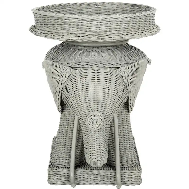 Rattan Elephant Side Table with Built-In Tray – Natural / Grey, Eclectic Style