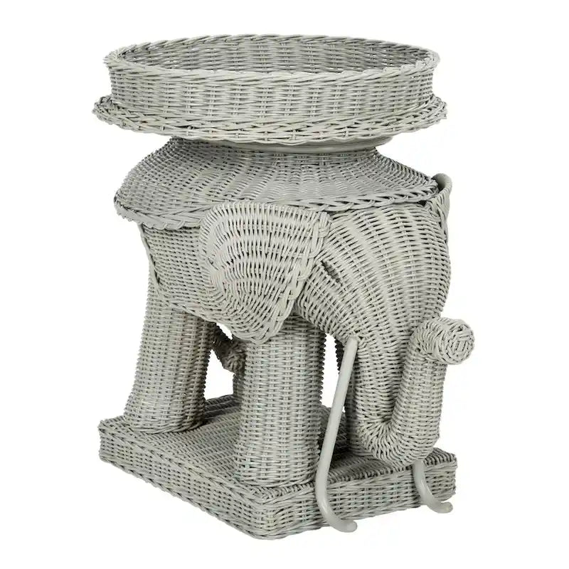 Rattan Elephant Side Table with Built-In Tray – Natural / Grey, Eclectic Style