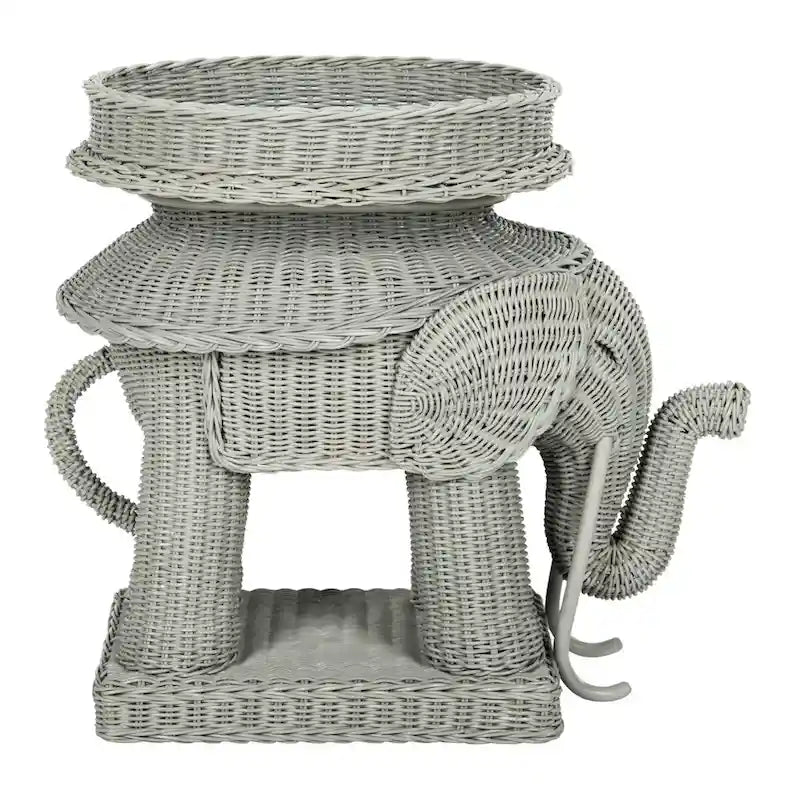 Rattan Elephant Side Table with Built-In Tray – Natural / Grey, Eclectic Style