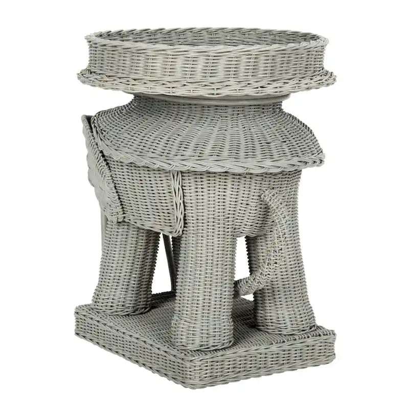 Rattan Elephant Side Table with Built-In Tray – Natural / Grey, Eclectic Style