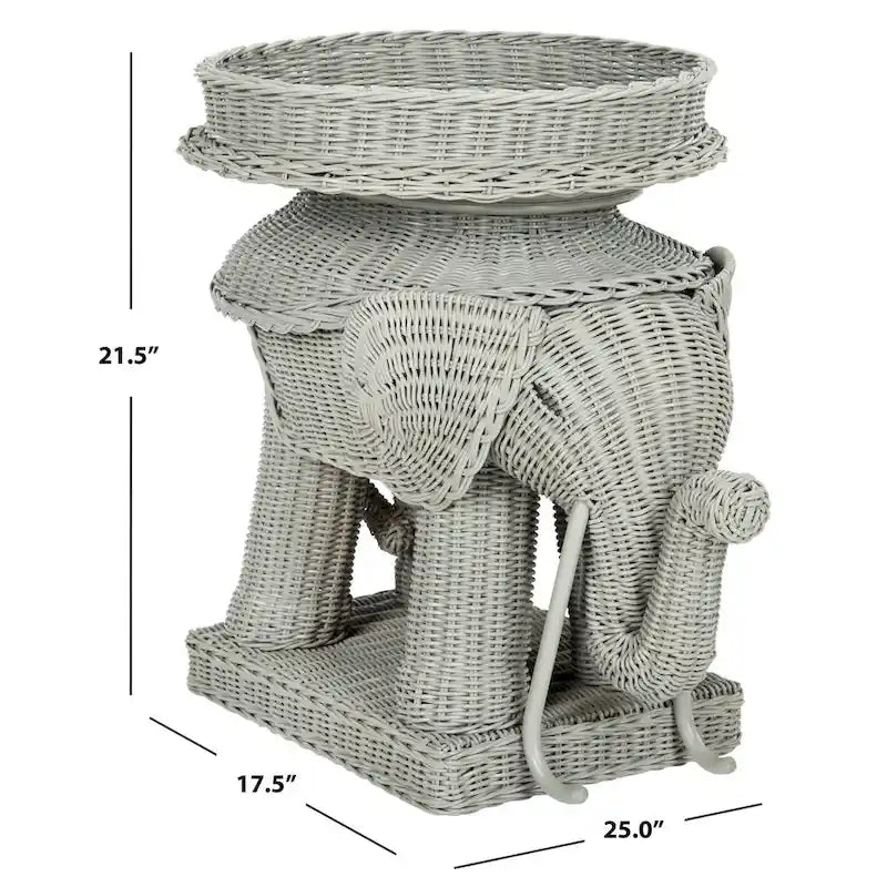 Rattan Elephant Side Table with Built-In Tray – Natural / Grey, Eclectic Style