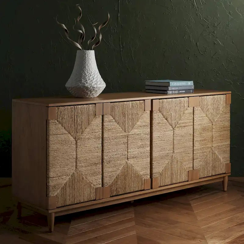 4-Door Banana Stem Woven Sideboard with Mahogany Frame – Black/Natural / Natural