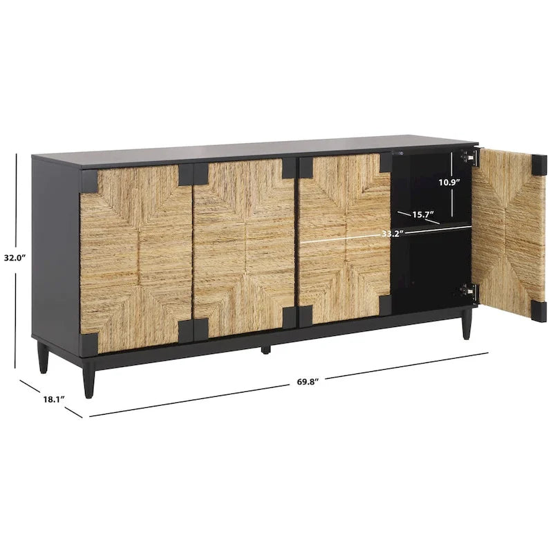 4-Door Banana Stem Woven Sideboard with Mahogany Frame – Black/Natural / Natural