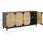4-Door Banana Stem Woven Sideboard with Mahogany Frame – Black/Natural / Natural
