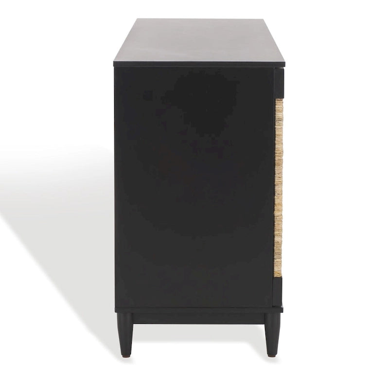 4-Door Banana Stem Woven Sideboard with Mahogany Frame – Black/Natural / Natural
