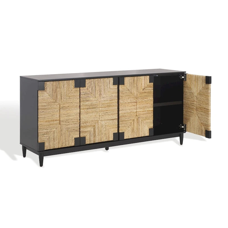 4-Door Banana Stem Woven Sideboard with Mahogany Frame – Black/Natural / Natural