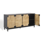 4-Door Banana Stem Woven Sideboard with Mahogany Frame – Black/Natural / Natural