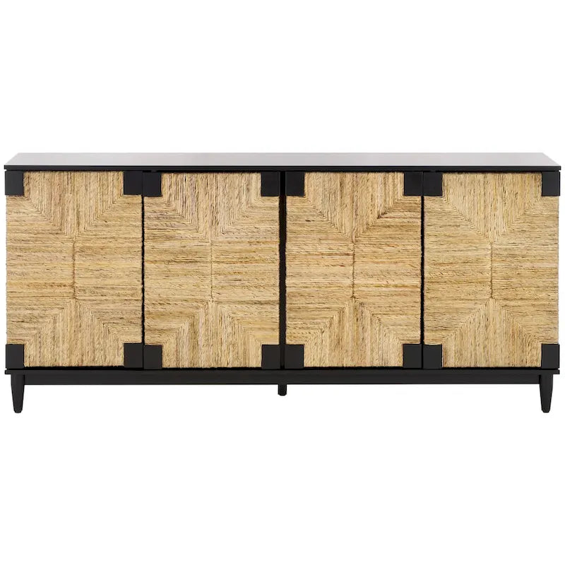 4-Door Banana Stem Woven Sideboard with Mahogany Frame – Black/Natural / Natural