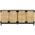 4-Door Banana Stem Woven Sideboard with Mahogany Frame – Black/Natural / Natural