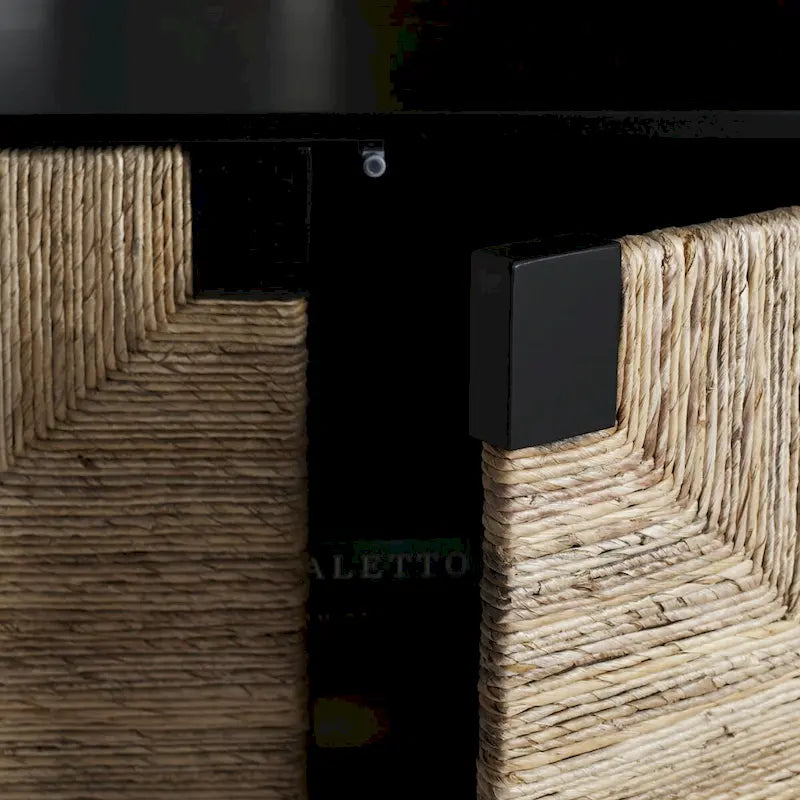 4-Door Banana Stem Woven Sideboard with Mahogany Frame – Black/Natural / Natural