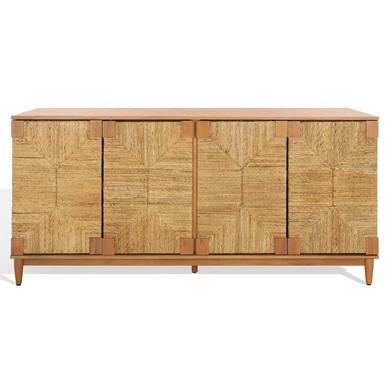 4-Door Banana Stem Woven Sideboard with Mahogany Frame – Black/Natural / Natural