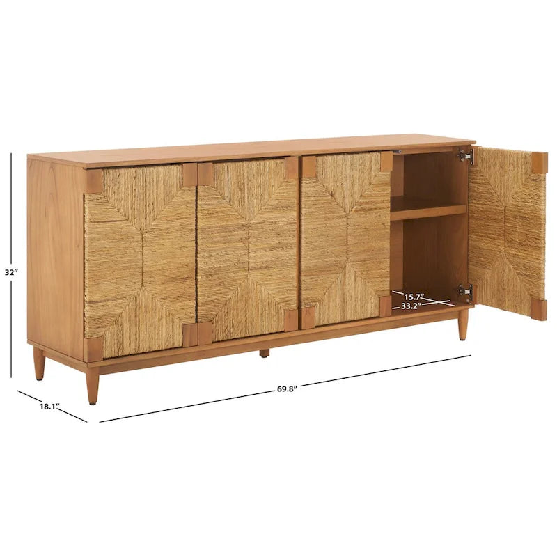 4-Door Banana Stem Woven Sideboard with Mahogany Frame – Black/Natural / Natural