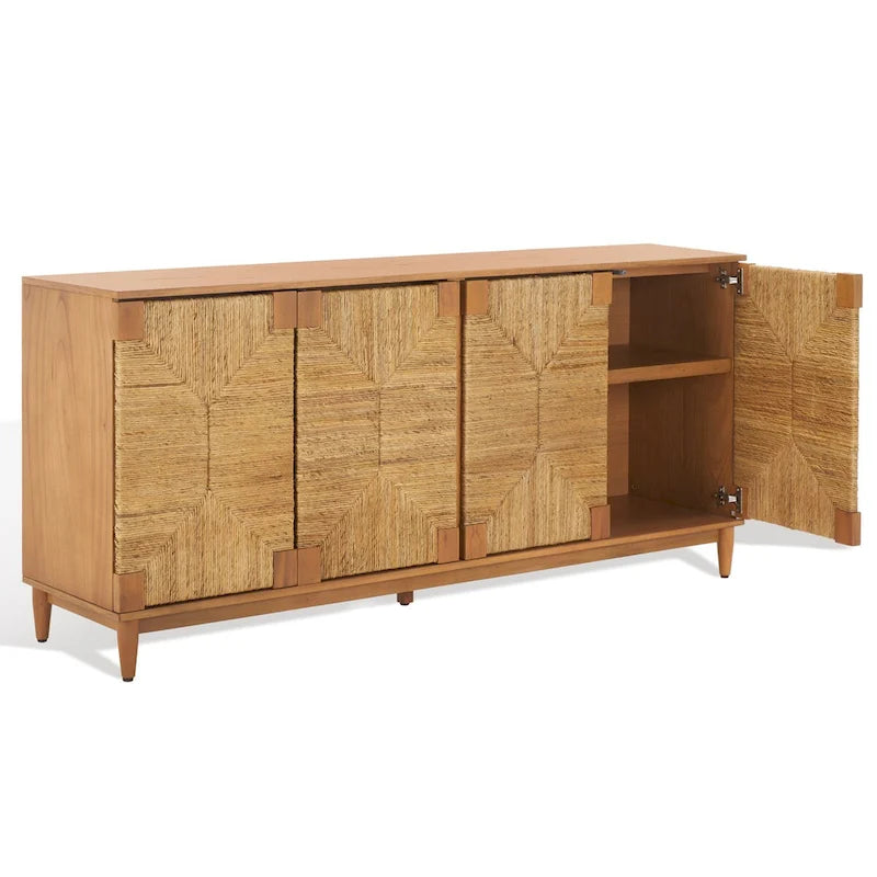 4-Door Banana Stem Woven Sideboard with Mahogany Frame – Black/Natural / Natural