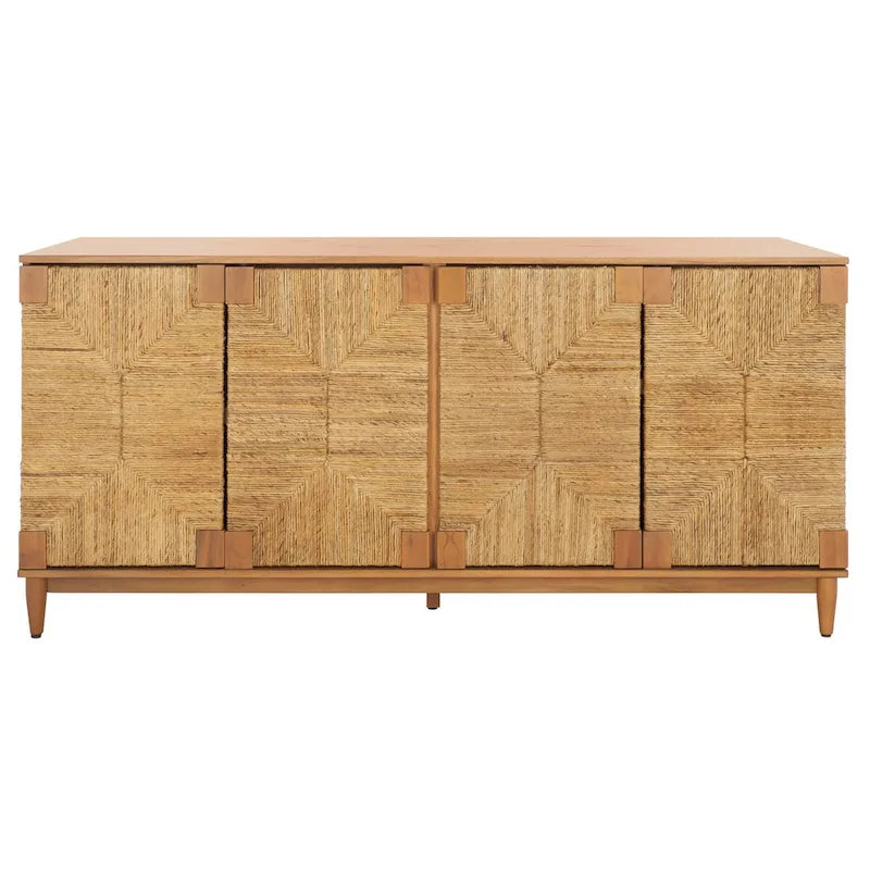 4-Door Banana Stem Woven Sideboard with Mahogany Frame – Black/Natural / Natural