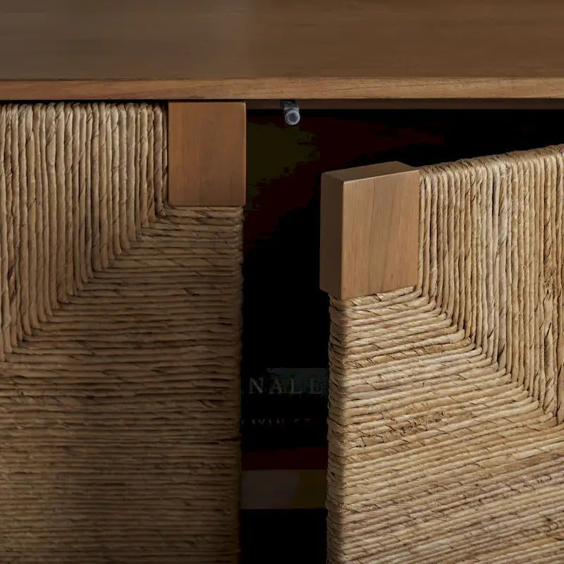 4-Door Banana Stem Woven Sideboard with Mahogany Frame – Black/Natural / Natural