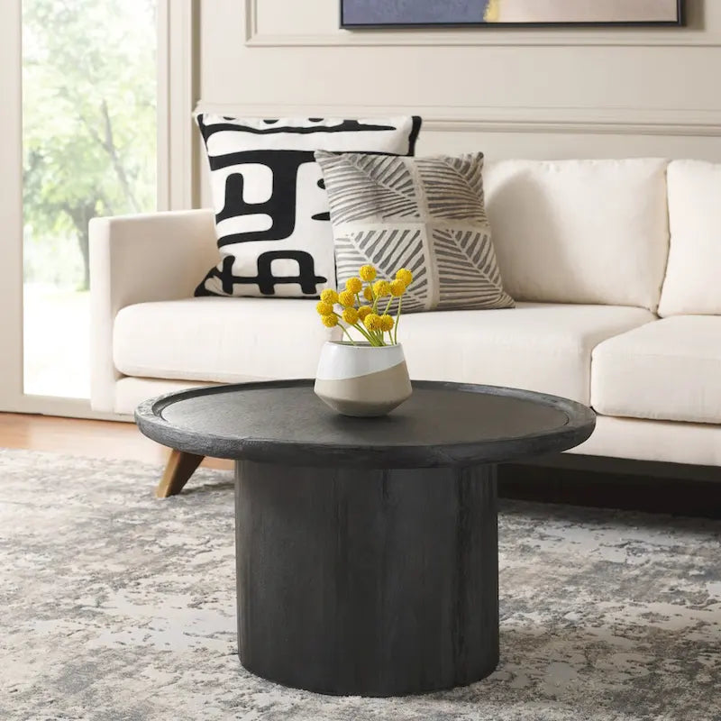 Round Pedestal Coffee Table – Natural / Dark Oak / Black / Black & White Wash, Farmhouse Style