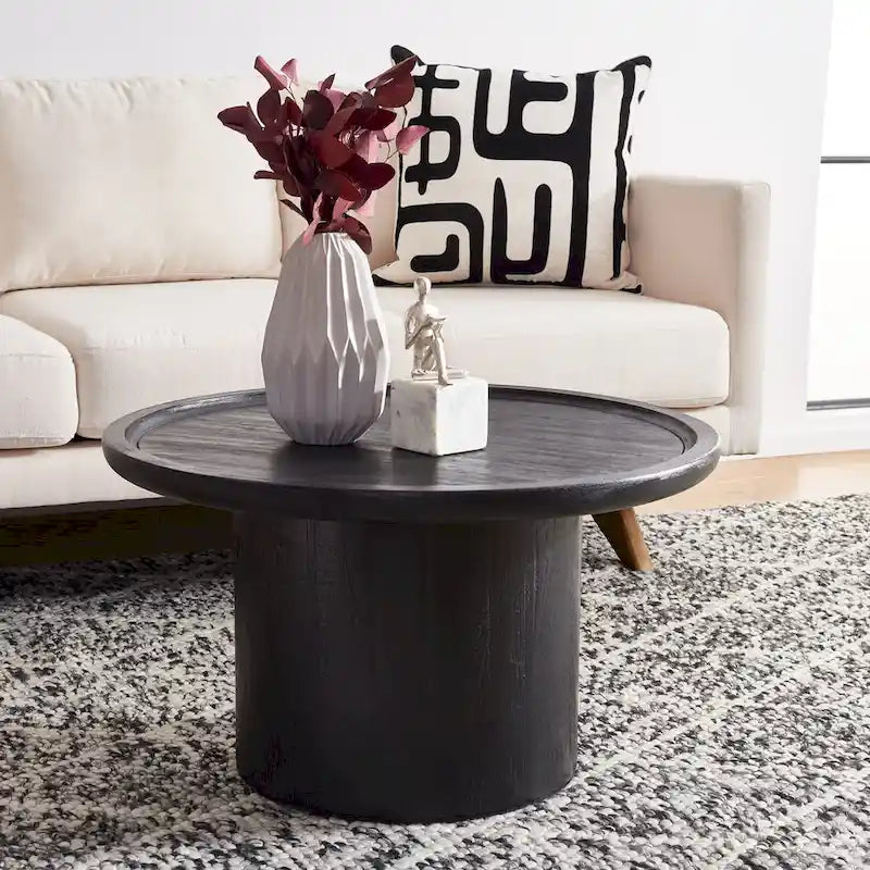 Round Pedestal Coffee Table – Natural / Dark Oak / Black / Black & White Wash, Farmhouse Style