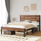 Metal Platform Bed Frame with Wood Grain Headboard – Brown / Slate / Black, Twin / Full / Queen, Single