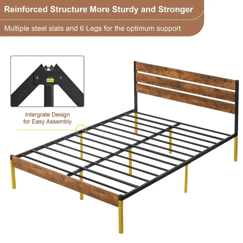 Metal Platform Bed Frame with Wood Grain Headboard – Brown / Slate / Black, Twin / Full / Queen, Single
