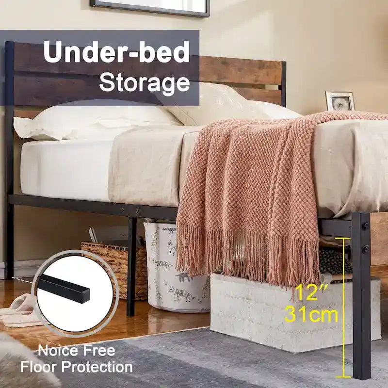 Metal Platform Bed Frame with Wood Grain Headboard – Brown / Slate / Black, Twin / Full / Queen, Single