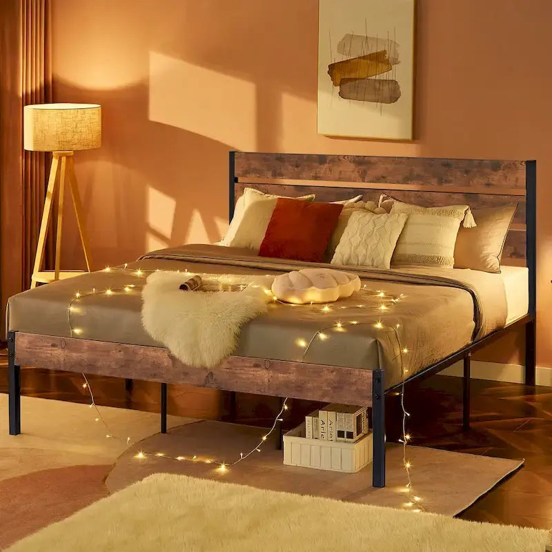 Metal Platform Bed Frame with Wood Grain Headboard – Brown / Slate / Black, Twin / Full / Queen, Single