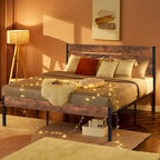 Metal Platform Bed Frame with Wood Grain Headboard – Brown / Slate / Black, Twin / Full / Queen, Single