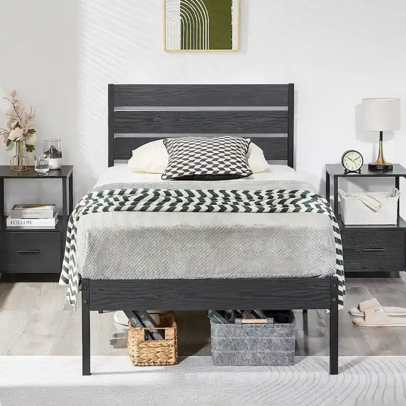 Metal Platform Bed Frame with Wood Grain Headboard – Brown / Slate / Black, Twin / Full / Queen, Single