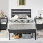 Metal Platform Bed Frame with Wood Grain Headboard – Brown / Slate / Black, Twin / Full / Queen, Single