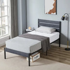 Metal Platform Bed Frame with Wood Grain Headboard – Brown / Slate / Black, Twin / Full / Queen, Single